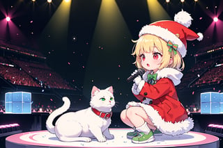 Blonde girl,short hair,red eyes,long red eyelashes,red lips, wearing a red snow hat with a white fur ball on the top,a purple starfish on the hat,white fur on the edge of the hat,and a red coat,coat with gold buttons,green skirt,green bow on the neck,green sneakers,gold laces, no gloves,singing in front of microphone,surrounded by sleeping furry white cat,white cat wearing a pink bow on its head,surrounded by bubbles,shining point,concert,colorful stage lighting,no people,Tetris game background