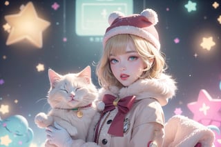 Blonde girl,short hair,ruby-like eyes,long red eyelashes,red lips, wearing a red snow hat with a white fur ball on the top,a purple starfish on the hat,white fur on the edge of the hat,and a red coat,coat with gold buttons,green skirt,green bow on the neck,green sneakers,gold laces, no gloves,singing in front of microphone,surrounded by sleeping furry white cat,white cat wearing a pink bow on its head,surrounded by bubbles,shining point,concert,colorful stage lighting,no people,Tetris game background