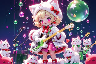 Blonde girls,playing electric guitar,short hair,red eyes,long red eyelashes,red lips,wearing a red snow hat with a white fur ball on the top,a purple starfish on the hat,white fur on the edge of the hat,and a red coat,coat with gold buttons,green skirt,green bow on the neck,green sneakers,gold laces, no gloves,singing in front of microphone,sleeping furry white cat audience,white cat wearing a pink bow on head,surrounded by bubbles,shining point,concert,colorful stage lighting,no people,Tetris game background,anime