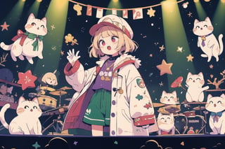 solo,Blonde woman,singing,playing electric guitar,short hair,red eyes,long red eyelashes,red lips,wearing a red snow hat with a white fur ball on the top,a purple starfish on the hat,white fur on the edge of the hat,and a red coat,coat with gold buttons,green skirt,green bow on the neck,green sneakers,gold laces, no gloves,singing in front of microphone,sleeping furry white cat audience,white cat wearing a pink bow on head,surrounded by bubbles,shining point,concert,colorful stage lighting,no people,Tetris game background