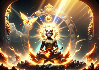 strong style,sun king,sun halo,sit,solo,1 civet cat man,staring at audience,king of glory,focused expression,colorful skin,surrounded by flames,golden butterfly wings,emitting golden light,wearing golden bib short with no shoulder strap on left shoulder,no humans,flame,beam,alchemy furnace,alchemy,crystal cave,crystal background,diamond,gems