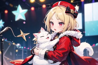 vtuber,Blonde girl,short hair,ruby-like eyes,red eyes,long red eyelashes,red lips, wearing a red snow hat with a white fur ball on the top,a purple starfish on the hat,white fur on the edge of the hat,and a red coat,coat with gold buttons,green skirt,green bow on the neck,green sneakers,gold laces,singing in front of microphone,holding a sleeping furry white cat,white cat wearing a pink bow on its head,surrounded by bubbles,shining point,concert,colorful stage lighting,no people,Tetris game background