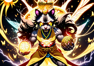 fighting,7 color Ninja outfit,7 color ancient alchemy God,holding cosmic ball,chanting,7 color shining ancient words everywhere,glowing mantra everywhere,luminous engraving everywhere,seal,strong style,sun king,sun halo,solo,1Ninja civet cat,special long white beard,long white eyebrows,gather lightning elixir in the palm of hand,king of glory,focused on  elixir,aim at pill,colorful skin,surrounded by flames,golden butterfly wings,emitting golden light,wearing golden bib short with no shoulder strap on left shoulder,no humans,flame,beam,fire alchemy furnace,thunder pill,crystal cave,crystal background,diamond,gems,Korean,wrenchsmechs,Pineapple,Butterfly