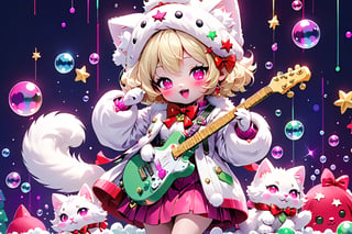 Blonde girls,playing electric guitar,short hair,red eyes,long red eyelashes,red lips,wearing a red snow hat with a white fur ball on the top,a purple starfish on the hat,white fur on the edge of the hat,and a red coat,coat with gold buttons,green skirt,green bow on the neck,green sneakers,gold laces, no gloves,singing in front of microphone,sleeping furry white cat audience,white cat wearing a pink bow on head,surrounded by bubbles,shining point,concert,colorful stage lighting,no people,Tetris game background,anime