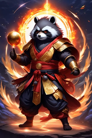 1Ninja tanuki,fighting,7 color Ninja outfit,7 color ancient alchemy God,holding cosmic ball,chanting,7 color shining ancient words everywhere,glowing mantra everywhere,luminous engraving everywhere,seal,strong style,sun king,sun halo,solo,special long white beard,long white eyebrows,gather lightning elixir in the palm of hand,king of glory,focused on  elixir,aim at pill,colorful skin,surrounded by flames,golden butterfly wings,emitting golden light,wearing golden bib short with no shoulder strap on left shoulder,no humans,flame,beam,fire alchemy furnace,thunder pill,crystal cave,crystal background,diamond,gem,tanuki,no human