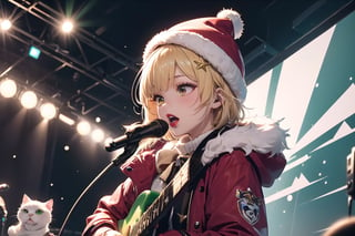 solo,Blonde woman,singing,playing electric guitar,short hair,red eyes,long red eyelashes,red lips,wearing a red snow hat with a white fur ball on the top,a purple starfish on the hat,white fur on the edge of the hat,and a red coat,coat with gold buttons,green skirt,green bow on the neck,green sneakers,gold laces, no gloves,singing in front of microphone,sleeping furry white cat audience,white cat wearing a pink bow on head,surrounded by bubbles,shining point,concert,colorful stage lighting,no people,Tetris game background