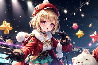 Blonde girl,short hair,ruby-like eyes,long red eyelashes,red lips, wearing a red snow hat with a white fur ball on the top,a purple starfish on the hat,white fur on the edge of the hat,and a red coat,coat with gold buttons,green skirt,green bow on the neck,green sneakers,gold laces, no gloves,singing in front of microphone,surrounded by sleeping furry white cat,white cat wearing a pink bow on its head,surrounded by bubbles,shining point,concert,colorful stage lighting,no people,Tetris game background