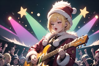 solo,Blonde woman,singing,playing electric guitar,short hair,red eyes,long red eyelashes,red lips,wearing a red snow hat with a white fur ball on the top,a purple starfish on the hat,white fur on the edge of the hat,and a red coat,coat with gold buttons,green skirt,green bow on the neck,green sneakers,gold laces, no gloves,singing in front of microphone,sleeping furry white cat audience,white cat wearing a pink bow on head,surrounded by bubbles,shining point,concert,colorful stage lighting,no people,Tetris game background