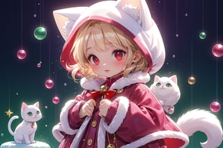 vtuber,Blonde girl,short hair,ruby-like eyes,red eyes,long red eyelashes,red lips, wearing a red snow hat with a white fur ball on the top,a purple starfish on the hat,white fur on the edge of the hat,and a red coat,coat with gold buttons,green skirt,green bow on the neck,green sneakers,gold laces,singing in front of microphone,holding a sleeping furry white cat,white cat wearing a pink bow on its head,surrounded by bubbles,shining point,concert,colorful stage lighting,no people,Tetris game background