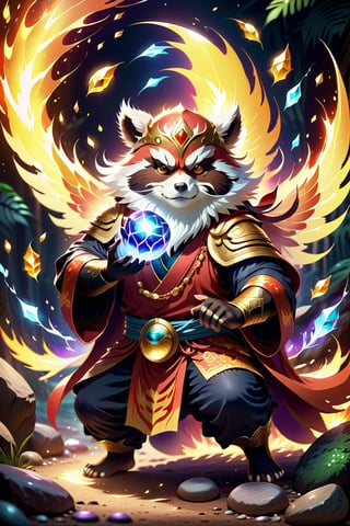 1Ninja tanuki,fighting,7 color Ninja outfit,7 color ancient alchemy God,holding cosmic ball,chanting,7 color shining ancient words everywhere,glowing mantra everywhere,luminous engraving everywhere,seal,strong style,sun king,sun halo,solo,special long white beard,long white eyebrows,gather lightning elixir in the palm of hand,king of glory,focused on  elixir,aim at pill,colorful skin,surrounded by flames,golden butterfly wings,emitting golden light,wearing golden bib short with no shoulder strap on left shoulder,no humans,flame,beam,fire alchemy furnace,thunder pill,crystal cave,crystal background,diamond,gem,tanuki,no human