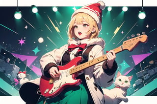 solo,Blonde woman,singing,playing electric guitar,short hair,red eyes,long red eyelashes,red lips,wearing a red snow hat with a white fur ball on the top,a purple starfish on the hat,white fur on the edge of the hat,and a red coat,coat with gold buttons,green skirt,green bow on the neck,green sneakers,gold laces, no gloves,singing in front of microphone,sleeping furry white cat audience,white cat wearing a pink bow on head,surrounded by bubbles,shining point,concert,colorful stage lighting,no people,Tetris game background