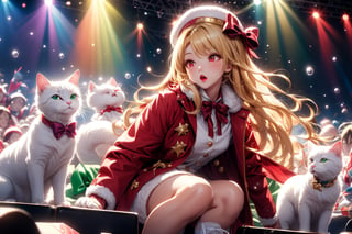 Blonde girl,singing,playing electric guitar,long hair,red eyes,long red eyelashes,red lips,wearing a red snow hat with a white fur ball on the top,a purple starfish on the hat,white fur on the edge of the hat,and a red coat,coat with gold buttons,green skirt,green bow on the neck,green sneakers,gold laces, no gloves,singing in front of microphone,sleeping furry white cat audience,white cat wearing a pink bow on head,surrounded by bubbles,shining point,concert,colorful stage lighting,no people,Tetris game background,anime