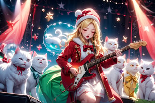 Blonde girl,singing,playing electric guitar,long hair,red eyes,long red eyelashes,red lips,wearing a red snow hat with a white fur ball on the top,a purple starfish on the hat,white fur on the edge of the hat,and a red coat,coat with gold buttons,green skirt,green bow on the neck,green sneakers,gold laces, no gloves,singing in front of microphone,sleeping furry white cat audience,white cat wearing a pink bow on head,surrounded by bubbles,shining point,concert,colorful stage lighting,no people,Tetris game background,anime