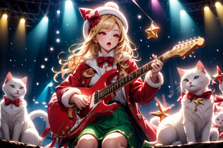 Blonde girl,singing,playing electric guitar,long hair,red eyes,long red eyelashes,red lips,wearing a red snow hat with a white fur ball on the top,a purple starfish on the hat,white fur on the edge of the hat,and a red coat,coat with gold buttons,green skirt,green bow on the neck,green sneakers,gold laces, no gloves,singing in front of microphone,sleeping furry white cat audience,white cat wearing a pink bow on head,surrounded by bubbles,shining point,concert,colorful stage lighting,no people,Tetris game background,anime