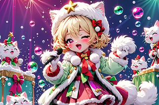 Blonde girl,singing,short hair,close eyes,long red eyelashes,red lips,wearing a red snow hat with a white fur ball on the top,a purple starfish on the hat,white fur on the edge of the hat,and a red coat,coat with gold buttons,green skirt,green bow on the neck,green sneakers,gold laces, no gloves,singing in front of microphone,sleeping furry white cat audience,white cat wearing a pink bow on its head,surrounded by bubbles,shining point,concert,colorful stage lighting,no people,Tetris game background