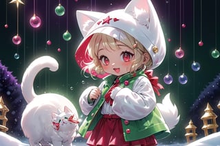 Blonde girl,singing,playing electric guitar,short hair,red eyes,long red eyelashes,red lips,wearing a red snow hat with a white fur ball on the top,a purple starfish on the hat,white fur on the edge of the hat,and a red coat,coat with gold buttons,green skirt,green bow on the neck,green sneakers,gold laces, no gloves,singing in front of microphone,sleeping furry white cat audience,white cat wearing a pink bow on head,surrounded by bubbles,shining point,concert,colorful stage lighting,no people,Tetris game background,anime