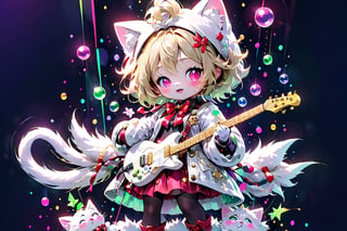 Blonde girls,playing electric guitar,short hair,red eyes,long red eyelashes,red lips,wearing a red snow hat with a white fur ball on the top,a purple starfish on the hat,white fur on the edge of the hat,and a red coat,coat with gold buttons,green skirt,green bow on the neck,green sneakers,gold laces, no gloves,singing in front of microphone,sleeping furry white cat audience,white cat wearing a pink bow on head,surrounded by bubbles,shining point,concert,colorful stage lighting,no people,Tetris game background,anime,glass