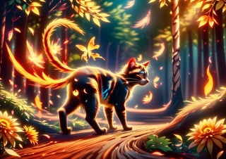 1civet cat walks to right in the forest,orange fire,flowing feathers, chrysanthemum butterfly,golden leaves,background light is evenly distributed,there is fire in the lower right corner of the screen,forest fire background,burning ground