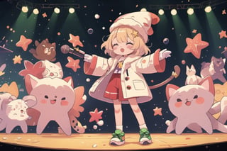 Blonde girl,short hair,ruby-like eyes,long red eyelashes,red lips, wearing a red snow hat with a white fur ball on the top,a purple starfish on the hat,white fur on the edge of the hat,and a red coat,coat with gold buttons,green skirt,green bow on the neck,green sneakers,gold laces, no gloves,singing in front of microphone,surrounded by sleeping furry white cat,white cat wearing a pink bow on its head,surrounded by bubbles,shining point,concert,colorful stage lighting,no people,Tetris game background