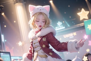 Blonde girl,short hair,red eyes,long red eyelashes,red lips, wearing a red snow hat with a white fur ball on the top,a purple starfish on the hat,white fur on the edge of the hat,and a red coat,coat with gold buttons,green skirt,green bow on the neck,green sneakers,gold laces, no gloves,singing in front of microphone,surrounded by sleeping furry white cat,white cat wearing a pink bow on its head,surrounded by bubbles,shining point,concert,colorful stage lighting,no people,Tetris game background