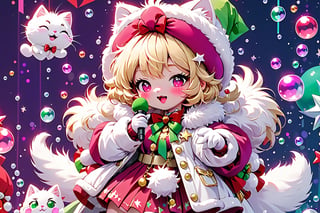 Blonde girl,short hair,ruby-like eyes,long red eyelashes,red lips, wearing a red snow hat with a white fur ball on the top,a purple starfish on the hat,white fur on the edge of the hat,and a red coat,coat with gold buttons,green skirt,green bow on the neck,green sneakers,gold laces, no gloves,singing in front of microphone,a sleeping furry white cat,white cat wearing a pink bow on its head,surrounded by bubbles,shining point,concert,colorful stage lighting,no people,Tetris game background