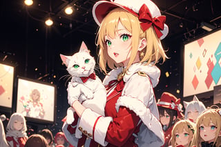 Blonde girl,short hair,ruby-like eyes,long red eyelashes,red lips, wearing a red snow hat with a white fur ball on the top,a purple starfish on the hat,white fur on the edge of the hat,and a red coat,coat with gold buttons,green skirt,green bow on the neck,green sneakers,gold laces, no gloves,singing in front of microphone,holding a sleeping furry white cat,white cat wearing a pink bow on its head,surrounded by bubbles,shining point,concert,colorful stage lighting,no people,Tetris game background