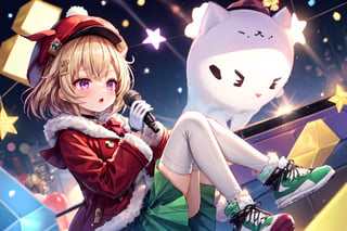 Blonde girl,short hair,ruby-like eyes,long red eyelashes,red lips, wearing a red snow hat with a white fur ball on the top,a purple starfish on the hat,white fur on the edge of the hat,and a red coat,coat with gold buttons,green skirt,green bow on the neck,green sneakers,gold laces, no gloves,singing in front of microphone,surrounded by sleeping furry white cat,white cat wearing a pink bow on its head,surrounded by bubbles,shining point,concert,colorful stage lighting,no people,Tetris game background