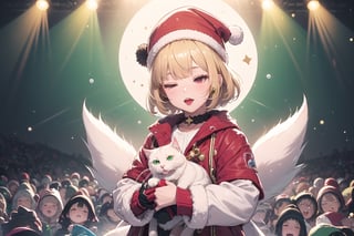 solo,Blonde woman,singing,playing electric guitar,short hair,red eyes,long red eyelashes,red lips,wearing a red snow hat with a white fur ball on the top,a purple starfish on the hat,white fur on the edge of the hat,and a red coat,coat with gold buttons,green skirt,green bow on the neck,green sneakers,gold laces, no gloves,singing in front of microphone,sleeping furry white cat audience,white cat wearing a pink bow on head,surrounded by bubbles,shining point,concert,colorful stage lighting,no people,Tetris game background