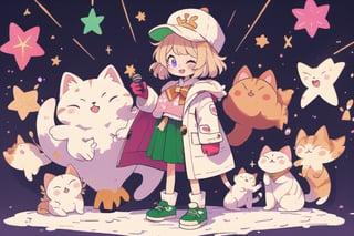 Blonde girl,short hair,ruby-like eyes,long red eyelashes,red lips, wearing a red snow hat with a white fur ball on the top,a purple starfish on the hat,white fur on the edge of the hat,and a red coat,coat with gold buttons,green skirt,green bow on the neck,green sneakers,gold laces, no gloves,singing in front of microphone,surrounded by sleeping furry white cat,white cat wearing a pink bow on its head,surrounded by bubbles,shining point,concert,colorful stage lighting,no people,Tetris game background