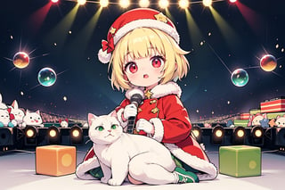 Blonde woman,singing,playing electric guitar,short hair,red eyes,long red eyelashes,red lips,wearing a red snow hat with a white fur ball on the top,a purple starfish on the hat,white fur on the edge of the hat,and a red coat,coat with gold buttons,green skirt,green bow on the neck,green sneakers,gold laces, no gloves,singing in front of microphone,sleeping furry white cat audience,white cat wearing a pink bow on head,surrounded by bubbles,shining point,concert,colorful stage lighting,no people,Tetris game background,anime