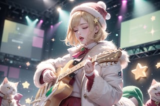 solo,Blonde woman,singing,playing electric guitar,short hair,red eyes,long red eyelashes,red lips,wearing a red snow hat with a white fur ball on the top,a purple starfish on the hat,white fur on the edge of the hat,and a red coat,coat with gold buttons,green skirt,green bow on the neck,green sneakers,gold laces, no gloves,singing in front of microphone,sleeping furry white cat audience,white cat wearing a pink bow on head,surrounded by bubbles,shining point,concert,colorful stage lighting,no people,Tetris game background