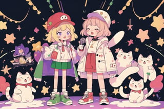 Blonde girl,short hair,ruby-like eyes,long red eyelashes,red lips, wearing a red snow hat with a white fur ball on the top,a purple starfish on the hat,white fur on the edge of the hat,and a red coat,coat with gold buttons,green skirt,green bow on the neck,green sneakers,gold laces, no gloves,singing in front of microphone,surrounded by sleeping furry white cat,white cat wearing a pink bow on its head,surrounded by bubbles,shining point,concert,colorful stage lighting,no people,Tetris game background