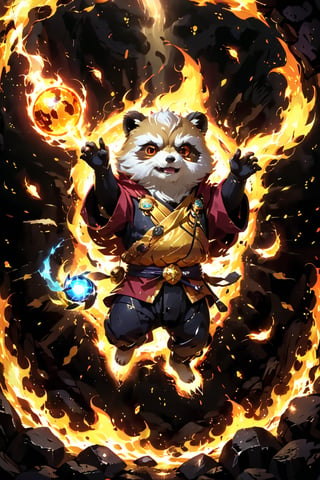 1Ninja tanuki,fighting,7 color Ninja outfit,7 color ancient alchemy God,holding cosmic ball,chanting,7 color shining ancient words everywhere,glowing mantra everywhere,luminous engraving everywhere,seal,strong style,sun king,sun halo,solo,special long white beard,long white eyebrows,gather lightning elixir in the palm of hand,king of glory,focused on  elixir,aim at pill,colorful skin,surrounded by flames,golden butterfly wings,emitting golden light,wearing golden bib short with no shoulder strap on left shoulder,no humans,flame,beam,fire alchemy furnace,thunder pill,crystal cave,crystal background,diamond,gem,tanuki,no human