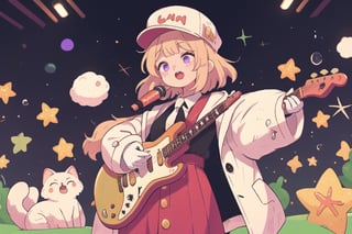 solo,Blonde woman,singing,playing electric guitar,short hair,red eyes,long red eyelashes,red lips,wearing a red snow hat with a white fur ball on the top,a purple starfish on the hat,white fur on the edge of the hat,and a red coat,coat with gold buttons,green skirt,green bow on the neck,green sneakers,gold laces, no gloves,singing in front of microphone,sleeping furry white cat audience,white cat wearing a pink bow on head,surrounded by bubbles,shining point,concert,colorful stage lighting,no people,Tetris game background