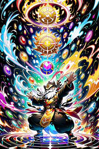 1Ninja tanuki,fighting,7 color Ninja outfit,7 color ancient alchemy God,holding cosmic ball,chanting,7 color shining ancient words everywhere,glowing mantra everywhere,luminous engraving everywhere,seal,strong style,sun king,sun halo,solo,special long white beard,long white eyebrows,gather lightning elixir in the palm of hand,king of glory,focused on  elixir,aim at pill,colorful skin,surrounded by flames,golden butterfly wings,emitting golden light,wearing golden bib short with no shoulder strap on left shoulder,no humans,flame,beam,fire alchemy furnace,thunder pill,crystal cave,crystal background,diamond,gem,tanuki,no human