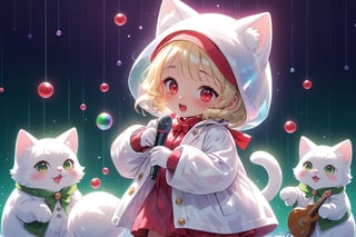 Blonde girl,singing,playing electric guitar,short hair,red eyes,long red eyelashes,red lips,wearing a red snow hat with a white fur ball on the top,a purple starfish on the hat,white fur on the edge of the hat,and a red coat,coat with gold buttons,green skirt,green bow on the neck,green sneakers,gold laces, no gloves,singing in front of microphone,sleeping furry white cat audience,white cat wearing a pink bow on head,surrounded by bubbles,shining point,concert,colorful stage lighting,no people,Tetris game background,anime