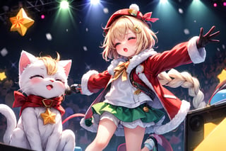 Blonde girl,short hair,ruby-like eyes,long red eyelashes,red lips, wearing a red snow hat with a white fur ball on the top,a purple starfish on the hat,white fur on the edge of the hat,and a red coat,coat with gold buttons,green skirt,green bow on the neck,green sneakers,gold laces, no gloves,singing in front of microphone,surrounded by sleeping furry white cat,white cat wearing a pink bow on its head,surrounded by bubbles,shining point,concert,colorful stage lighting,no people,Tetris game background