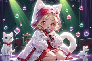 Blonde woman,playing electric guitar,short hair,red eyes,long red eyelashes,red lips,wearing a red snow hat with a white fur ball on the top,a purple starfish on the hat,white fur on the edge of the hat,and a red coat,coat with gold buttons,green skirt,green bow on the neck,green sneakers,gold laces, no gloves,singing in front of microphone,sleeping furry white cat audience,white cat wearing a pink bow on head,surrounded by bubbles,shining point,concert,colorful stage lighting,no people,Tetris game background,anime