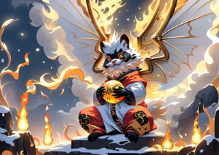 1Ninja tanuki,fighting,7 color Ninja outfit,7 color ancient alchemy God,holding cosmic ball,chanting,7 color shining ancient words everywhere,glowing mantra everywhere,luminous engraving everywhere,seal,strong style,sun king,sun halo,solo,special long white beard,long white eyebrows,gather lightning elixir in the palm of hand,king of glory,focused on  elixir,aim at pill,colorful skin,surrounded by flames,golden butterfly wings,emitting golden light,wearing golden bib short with no shoulder strap on left shoulder,no humans,flame,beam,fire alchemy furnace,thunder pill,crystal cave,crystal background,diamond,gem,cat,shodanSS_soul3142,dragonbaby