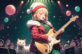 solo,Blonde woman,singing,playing electric guitar,short hair,red eyes,long red eyelashes,red lips,wearing a red snow hat with a white fur ball on the top,a purple starfish on the hat,white fur on the edge of the hat,and a red coat,coat with gold buttons,green skirt,green bow on the neck,green sneakers,gold laces, no gloves,singing in front of microphone,sleeping furry white cat audience,white cat wearing a pink bow on head,surrounded by bubbles,shining point,concert,colorful stage lighting,no people,Tetris game background