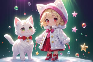 vtuber,Blonde girl,short hair,ruby-like eyes,red eyes,long red eyelashes,red lips, wearing a red snow hat with a white fur ball on the top,a purple starfish on the hat,white fur on the edge of the hat,and a red coat,coat with gold buttons,green skirt,green bow on the neck,green sneakers,gold laces,singing in front of microphone,holding a sleeping furry white cat,white cat wearing a pink bow on its head,surrounded by bubbles,shining point,concert,colorful stage lighting,no people,Tetris game background