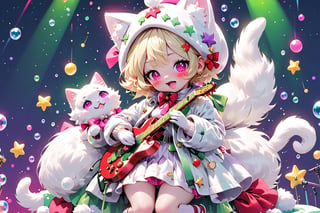 Blonde girls,playing electric guitar,short hair,red eyes,long red eyelashes,red lips,wearing a red snow hat with a white fur ball on the top,a purple starfish on the hat,white fur on the edge of the hat,and a red coat,coat with gold buttons,green skirt,green bow on the neck,green sneakers,gold laces, no gloves,singing in front of microphone,sleeping furry white cat audience,white cat wearing a pink bow on head,surrounded by bubbles,shining point,concert,colorful stage lighting,no people,Tetris game background,anime,naked bandage,2b-Eimi
