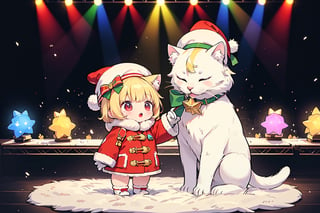 Blonde girl,short hair,red eyes,long red eyelashes,red lips, wearing a red snow hat with a white fur ball on the top,a purple starfish on the hat,white fur on the edge of the hat,and a red coat,coat with gold buttons,green skirt,green bow on the neck,green sneakers,gold laces, no gloves,singing in front of microphone,surrounded by sleeping furry white cat,white cat wearing a pink bow on its head,surrounded by bubbles,shining point,concert,colorful stage lighting,no people,Tetris game background