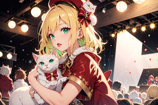Blonde girl,short hair,ruby-like eyes,long red eyelashes,red lips, wearing a red snow hat with a white fur ball on the top,a purple starfish on the hat,white fur on the edge of the hat,and a red coat,coat with gold buttons,green skirt,green bow on the neck,green sneakers,gold laces, no gloves,singing in front of microphone,holding a sleeping furry white cat,white cat wearing a pink bow on its head,surrounded by bubbles,shining point,concert,colorful stage lighting,no people,Tetris game background