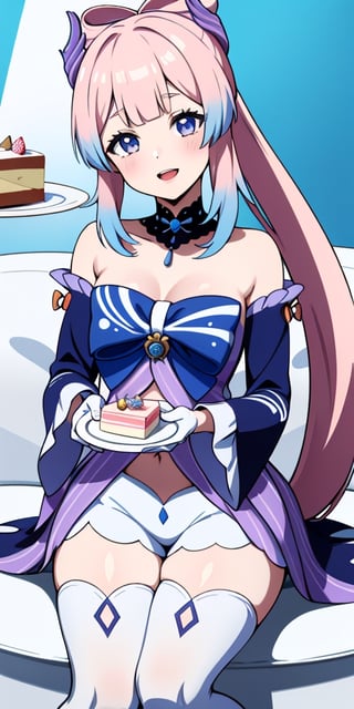 (ultra-detailed), ((close-up)), masterpiece, absurdres, best quality, 1girl, (sangonomiya kokomi), ((holding slice of cake on plate)), presenting a birthday cake, cute, kawaii, (birthday background), ocean theme, (ponytail), pink hair, blue hair ends, , confetti, medium breasts, navel cutout, pale skin, detached sleeves, ((white gloves)), ,(head tilt), hair ornament, bow, (blue bow), blue choker, blue gemstone, two-tone hair, ((thighhighs)), thighs, (white sofa), sitting, armpits, happy, smiling, big smile, open mouth, blush, detailed lips, shorts, (sleeves past wrists), strapless dress, depth of field ,kokomidef,Pixel art