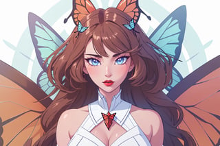 ((masterpiece, best quality, 1girl, solo)), short wavy dark light brown hair, light blue eyes, butterfly wings and antennae, red lips, white skin,  hupper body, face view,  thick eyelashes, red dress, happy,  long face, sharp jaw, huge boobs,  demon butterfly, butterfly aesthetic; Cotton Candy, Alastor