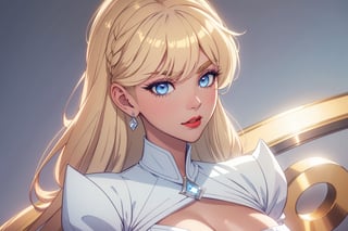 ((masterpiece, best quality, young 1girl, solo)), short curly dark light gold blonde retro hairstyle, hair with bang, light blue eyes,  White skin, demonic outfit classy chic, demon aesthetic, light blue eyesred lips, white skin,  hupper body, face view,  thick eyelashes, red dress, happy,  long face, sharp jaw, huge boobs,  ,Alastor