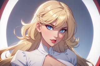 ((masterpiece, best quality, young 1girl, solo)), short curly dark light gold blonde retro hairstyle, hair with bang, light blue eyes,  White skin, demonic outfit classy chic, demon aesthetic, light blue eyesred lips, white skin,  hupper body, face view,  thick eyelashes, red dress, happy,  long face, sharp jaw, huge boobs,  ,Alastor