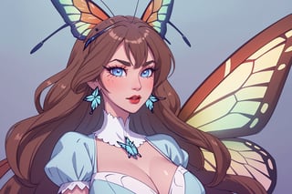 ((masterpiece, best quality, 1girl, solo)), short wavy dark light brown hair, light blue eyes, butterfly wings and antennae, red lips, white skin,  hupper body, face view,  thick eyelashes, red dress, happy,  long face, sharp jaw, huge boobs,  demon butterfly, butterfly aesthetic; Cotton Candy, Alastor