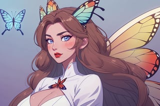 ((masterpiece, best quality, 1girl, solo)), short wavy dark light brown hair, light blue eyes, butterfly wings and antennae, red lips, white skin,  hupper body, face view,  thick eyelashes, red dress, happy,  long face, sharp jaw, huge boobs,  demon butterfly, butterfly aesthetic; Cotton Candy, Alastor